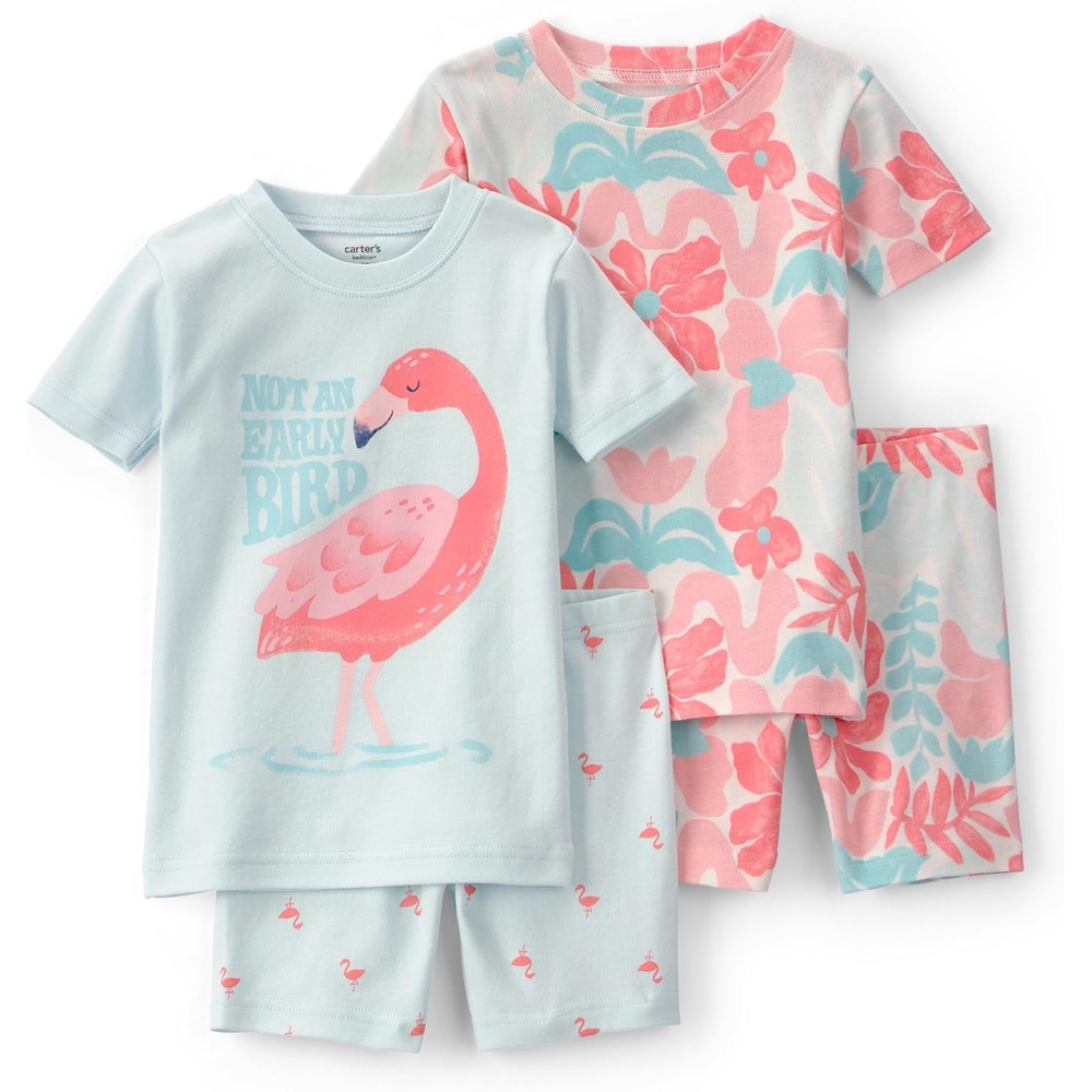 image:imageCarters Girls 4piece Tight Fit Cotton Pajama SetPinkBlue Flamingo