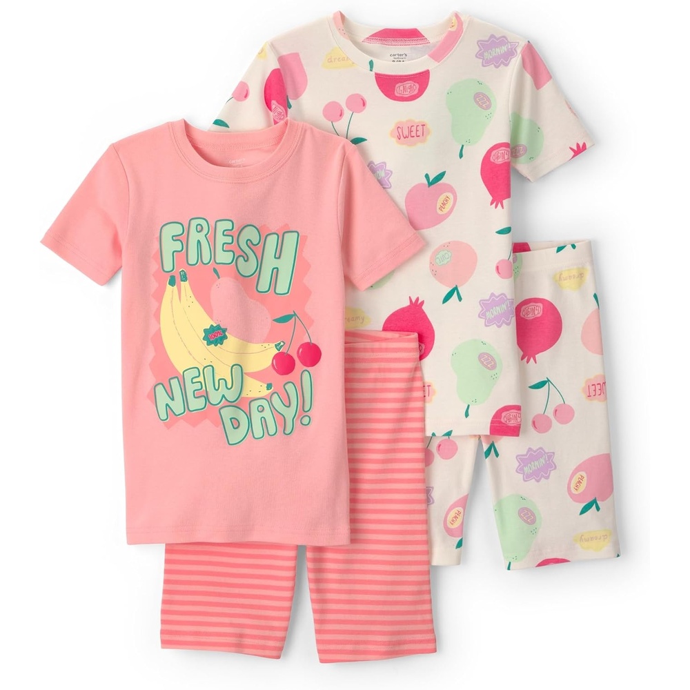image:imageCarters Girls 4piece Tight Fit Cotton Pajama SetPinkIvory Fruit