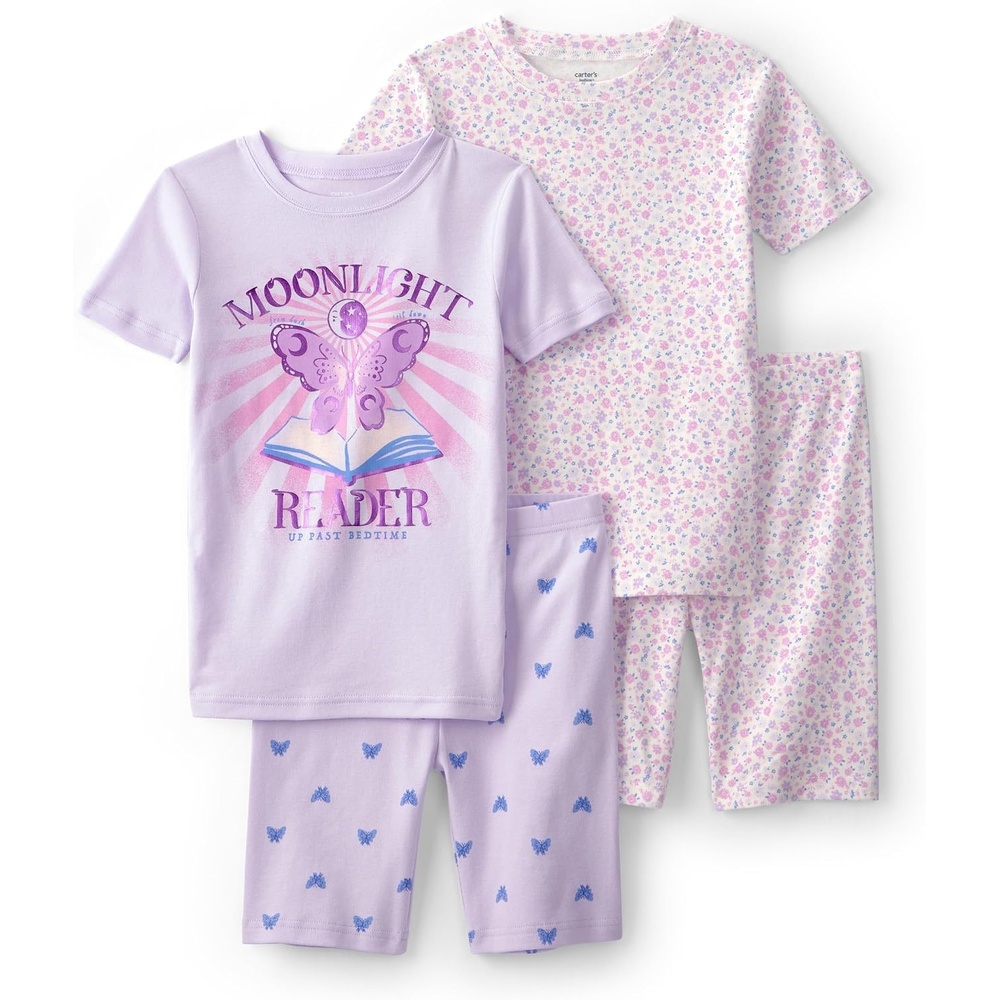 image:imageCarters Girls 4piece Tight Fit Cotton Pajama SetPurple Floral