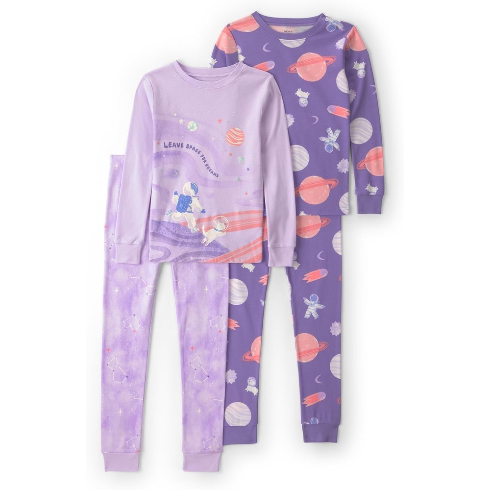 image:imageCarters Girls 4piece Tight Fit Cotton Pajama SetPurple Space Dog