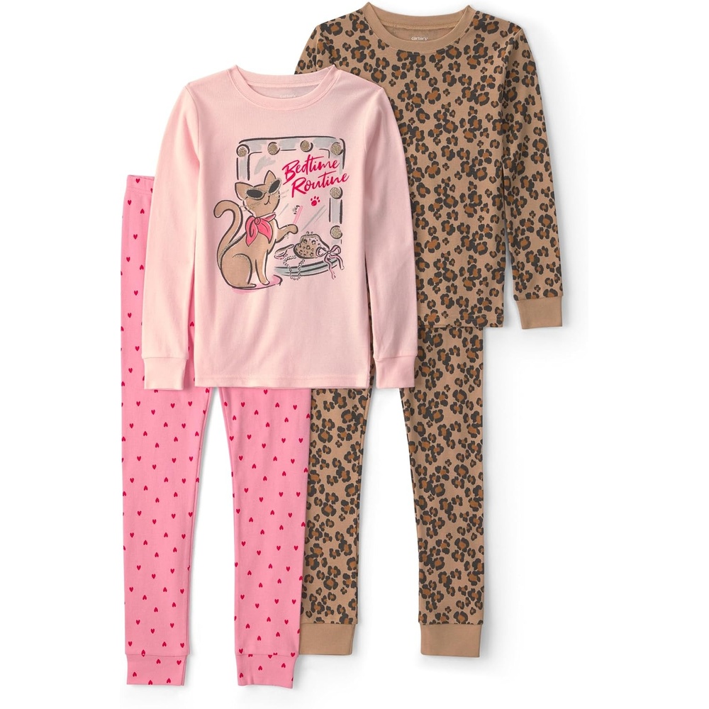 image:imageCarters Girls 4piece Tight Fit Cotton Pajama SetSassy Cat Pink