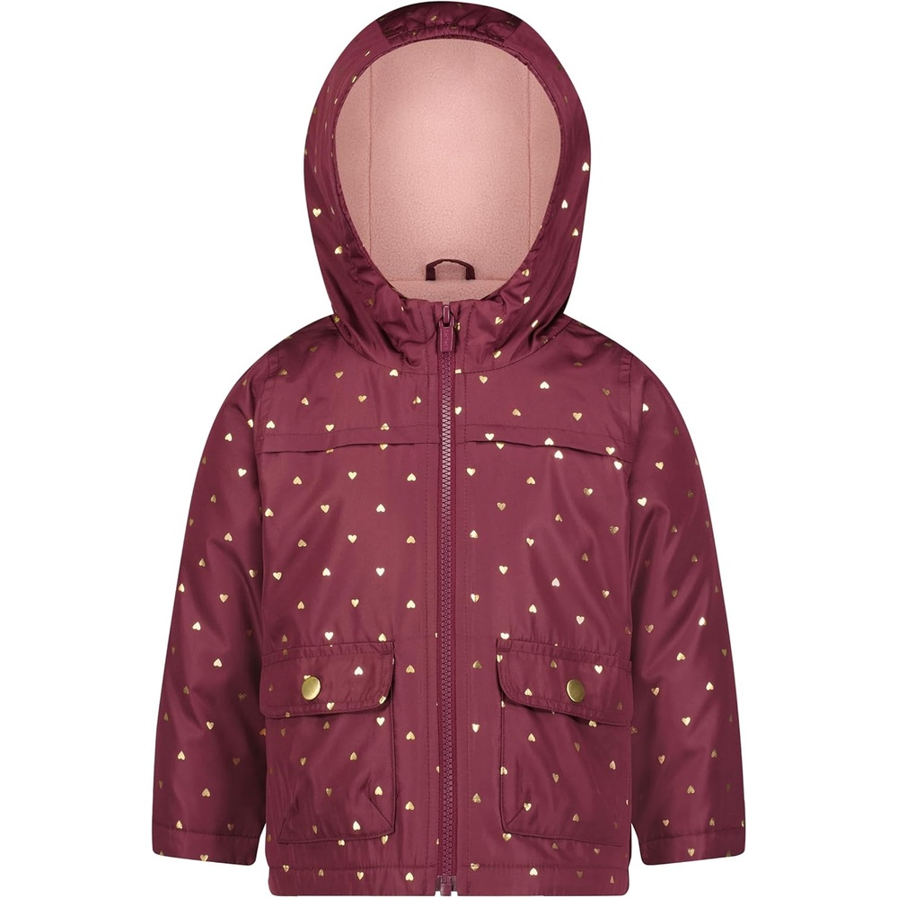image:imageCarters Girls Lightweight Fleece Lined Hooded Raincoat Rain JacketBurgundy With Hearts