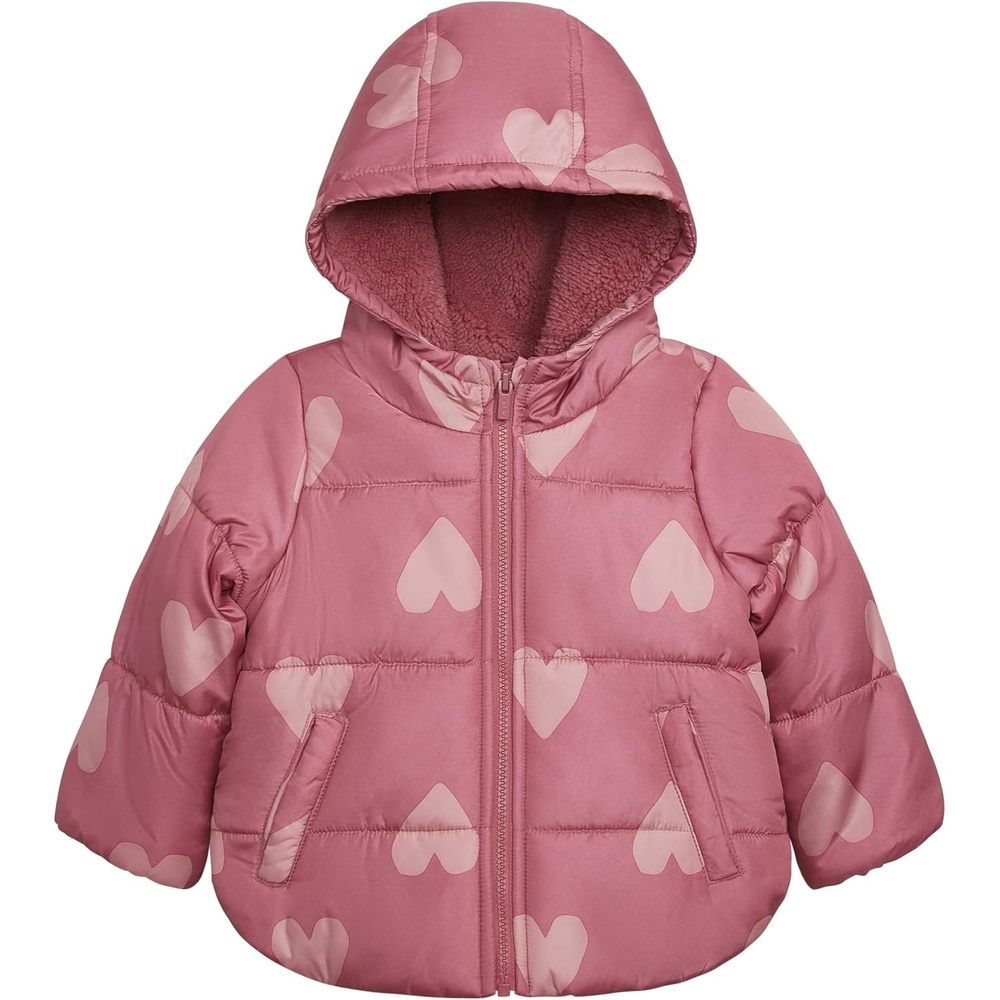 image:imageCarters Girls Winter Coat Puffer Jacket with Sherpa Lined HoodPink Hearts