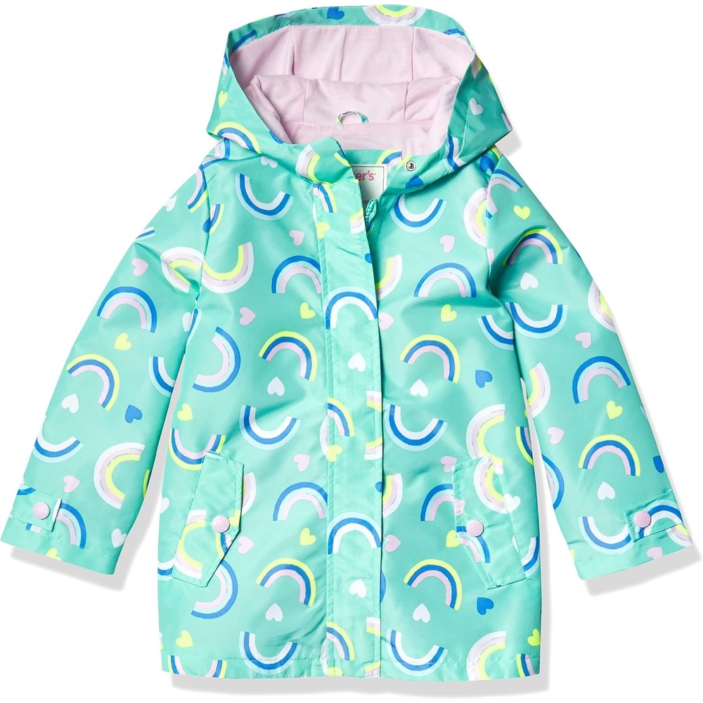 image:imageCarters Toddler amp Little Girls Midweight Fleece Lined Hooded Raincoat Rain JacketAqua Rainbow