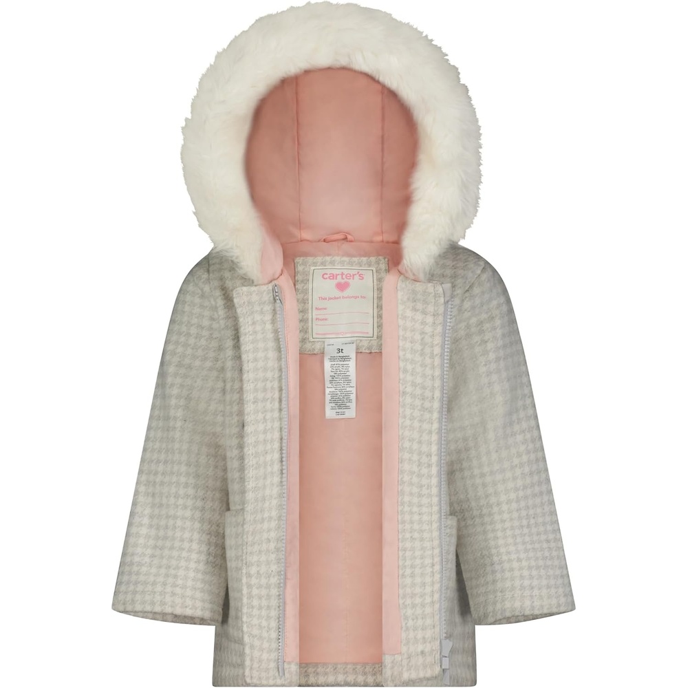 image:imageCarters Toddler amp Little Girls Midweight Fleece Lined Hooded Raincoat Rain JacketGrey Houndstooth