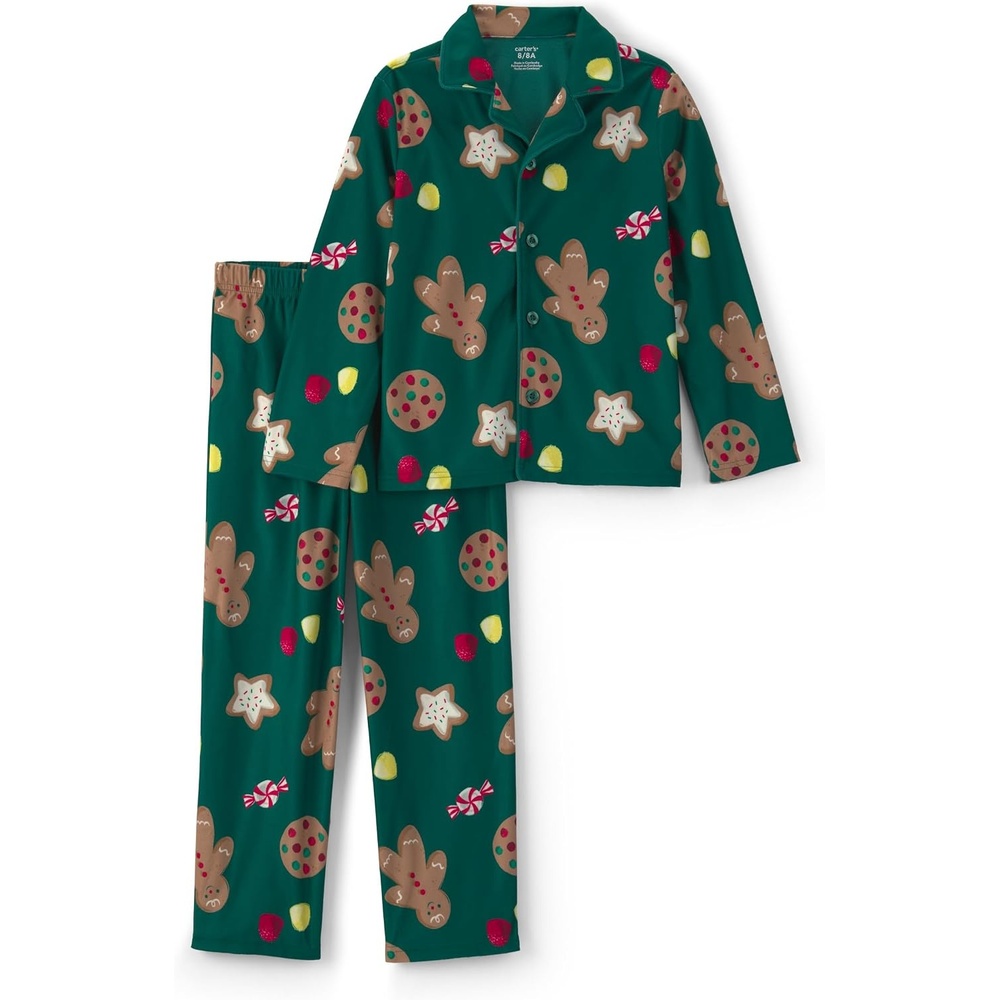 image:imageCarters Unisex Adult 2piece Fleece Holiday Coat PjsGreen Gingerbread Cookie