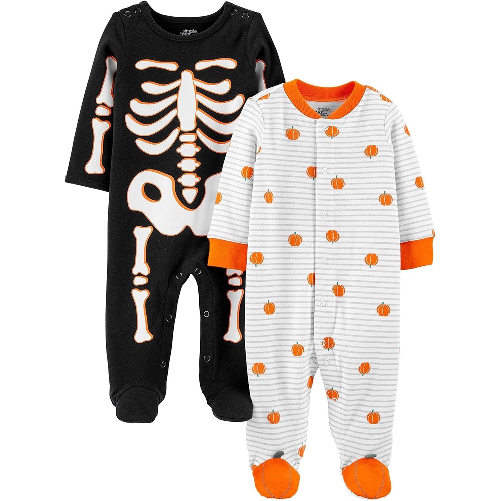 image:imageSimple Joys by Carters Baby 2pack Halloween Cotton Footed Sleep and PlaySkeletonPumpkins