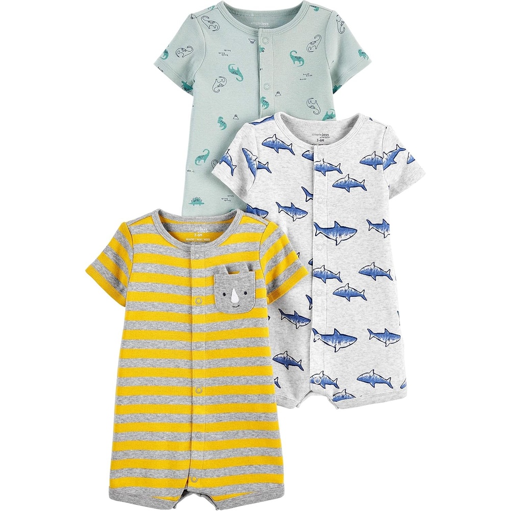 image:imageSimple Joys by Carters Baby 3Pack Snapup RompersDinosaurRhinoShark