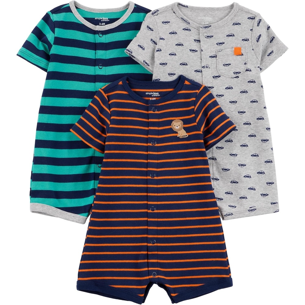 image:imageSimple Joys by Carters Baby 3Pack Snapup RompersGrey CarsNavy LionTurquoise Green Horizontal Stripe