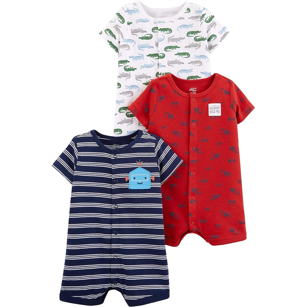 image:imageSimple Joys by Carters Baby 3Pack Snapup RompersNavy StripeRed ConstructionWhite Alligator