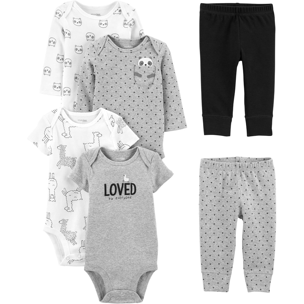 image:imageSimple Joys by Carters Baby 6piece Bodysuits Short and Long Sleeve and Pants SetBlackGrey Text PrintWhite LlamaPanda