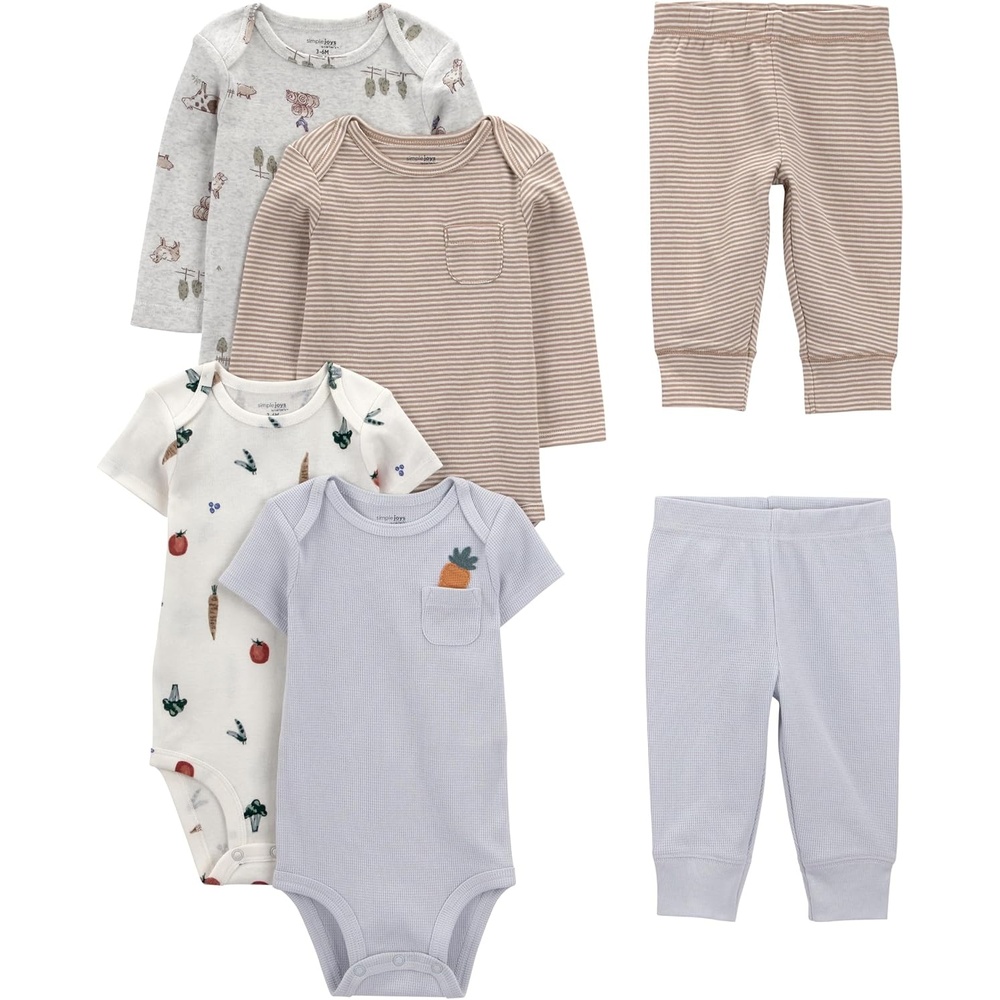 image:imageSimple Joys by Carters Baby 6piece Bodysuits Short and Long Sleeve and Pants SetBlue Veggie
