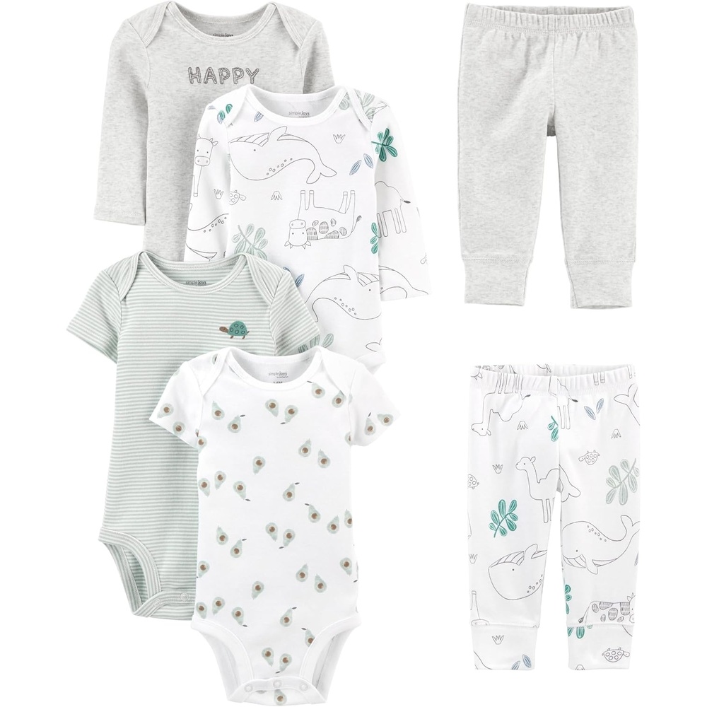 image:imageSimple Joys by Carters Baby 6piece Bodysuits Short and Long Sleeve and Pants SetGrey HeatherWhite Animal PrintAvocadosStripeText Print