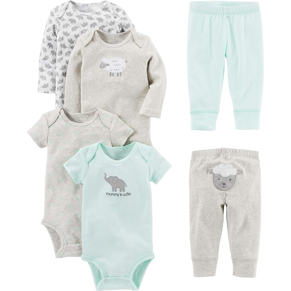 image:imageSimple Joys by Carters Baby 6piece Bodysuits Short and Long Sleeve and Pants SetGreyMint GreenElephantLamb
