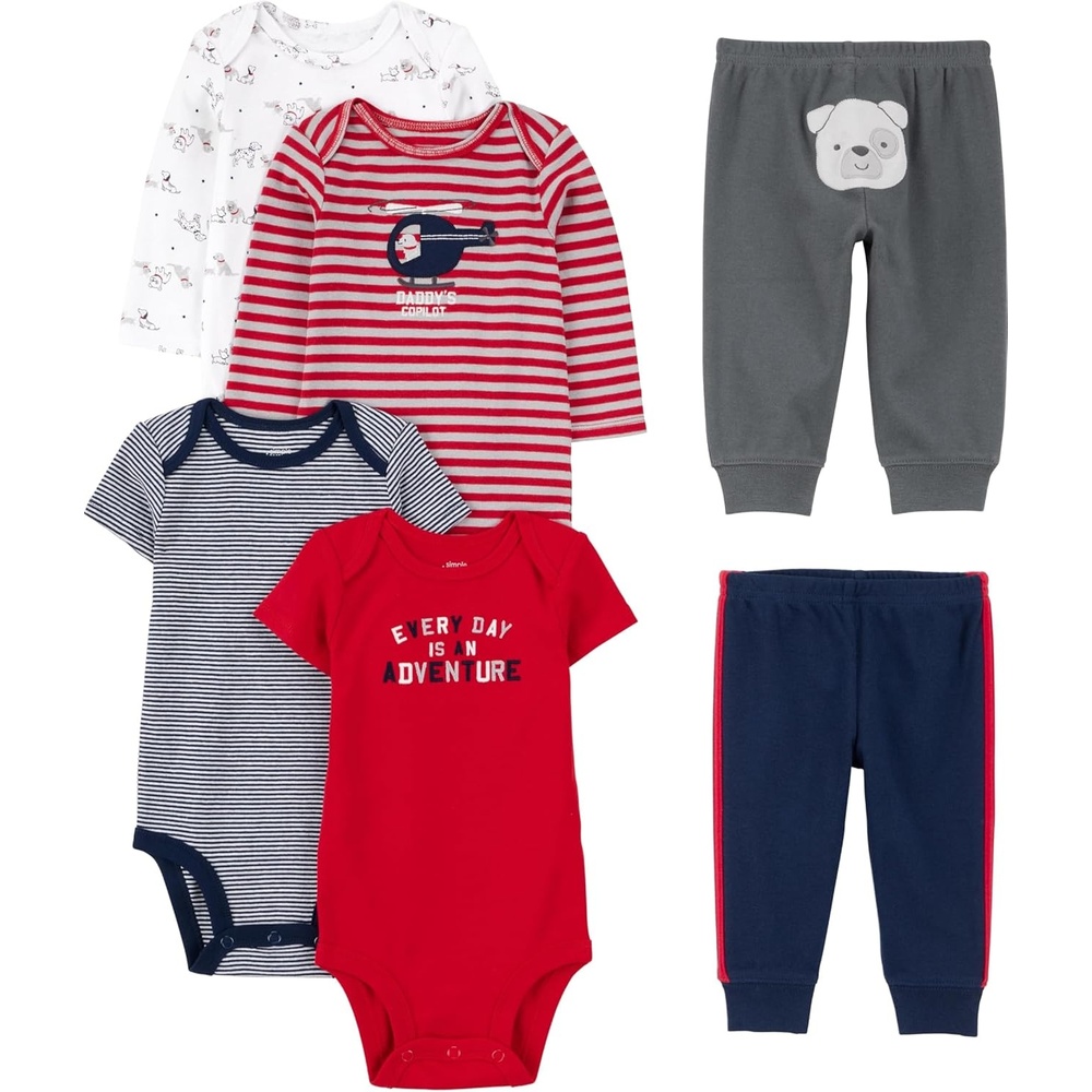 image:imageSimple Joys by Carters Baby 6piece Bodysuits Short and Long Sleeve and Pants SetMulticolorBearDogsStripeText Print