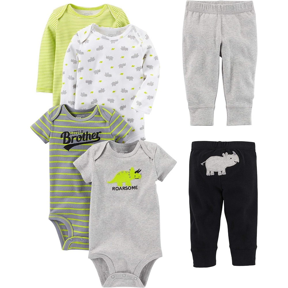 image:imageSimple Joys by Carters Baby 6piece Bodysuits Short and Long Sleeve and Pants SetMulticolorDinosaurRhinoStripeText Print