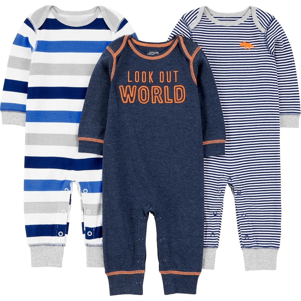 image:imageSimple Joys by Carters Baby Boys 3pack JumpsuitsGrey Heather Rugby StripeNavy Text PrintWhite Stripe