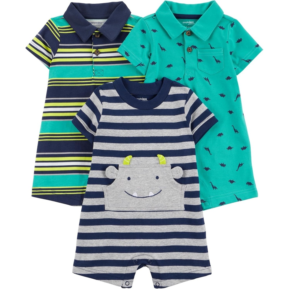 image:imageSimple Joys by Carters Baby Boys 3pack RompersBlue StripeTurquoise DinoGrey Navy