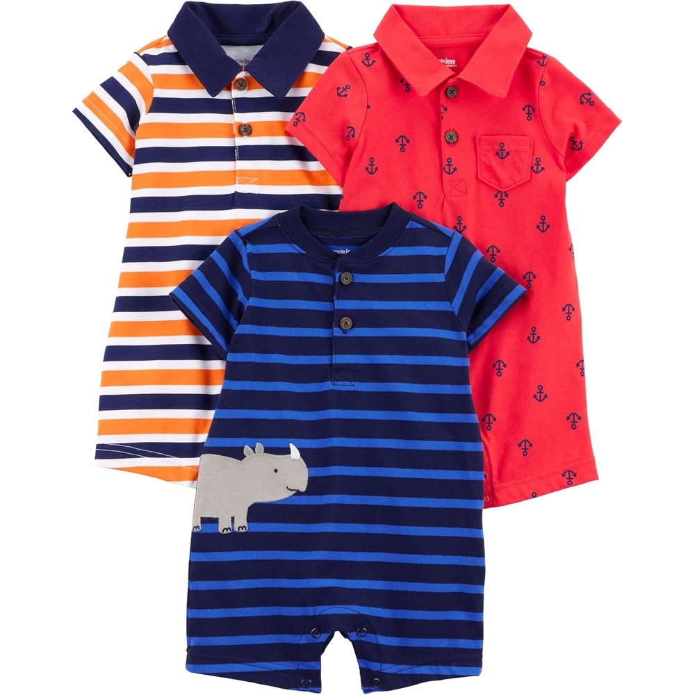 image:imageSimple Joys by Carters Baby Boys 3pack RompersOrange Blue StripeNavy StripeRed Anchors