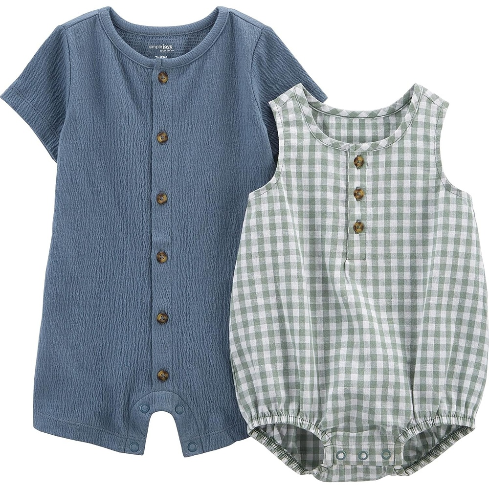 image:imageSimple Joys by Carters Baby Boys Button Rompers Pack of 2Green GinghamTapestry Blue