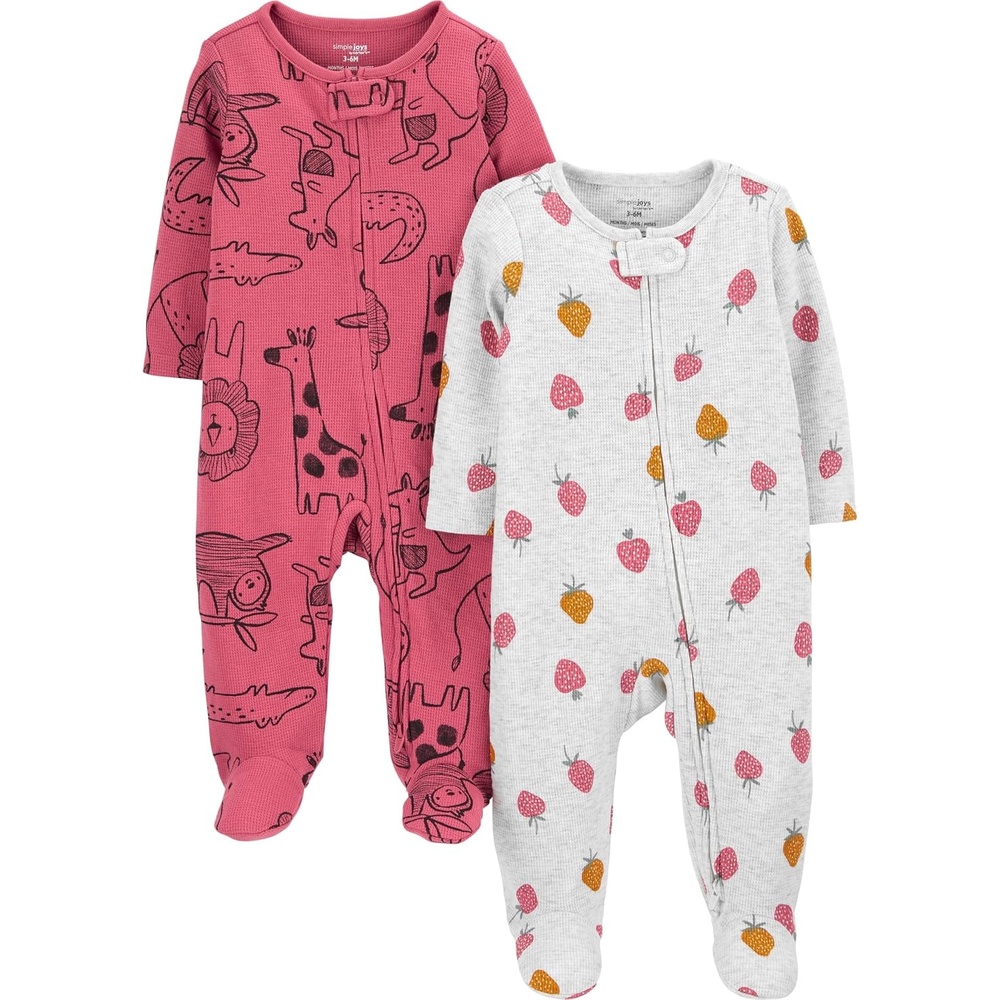 image:imageSimple Joys by Carters Baby Girls 2way Zip Thermal Footed Sleep and Play Pack of 2Dark Rose Forest AnimalsGrey Strawberries