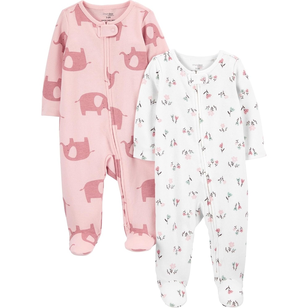 image:imageSimple Joys by Carters Baby Girls 2way Zip Thermal Footed Sleep and Play Pack of 2Pink ElephantWhite Floral