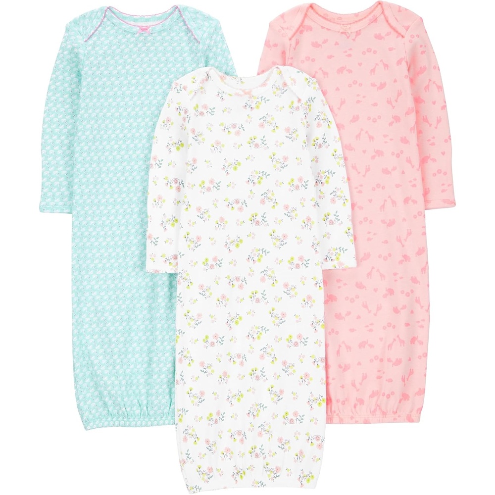 image:imageSimple Joys by Carters Baby Girls 3pack Cotton Sleeper GownBlue DucksPink AnimalWhite Floral
