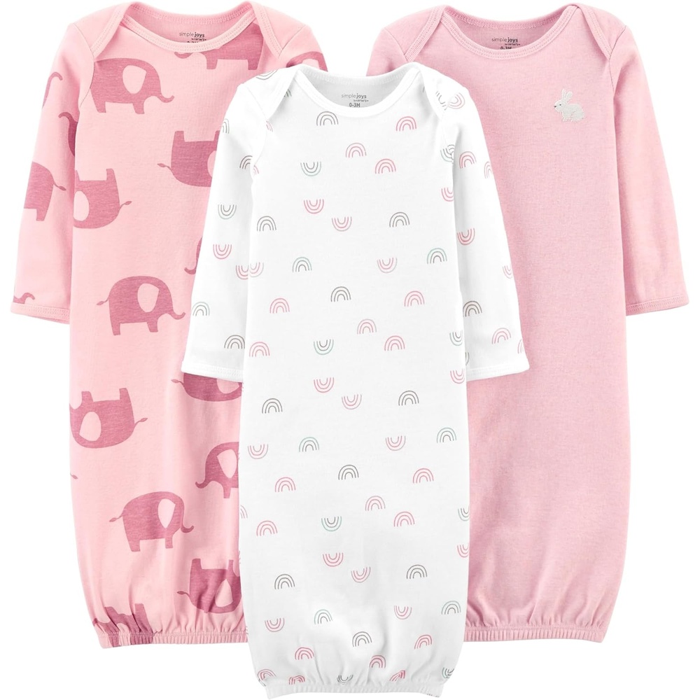 image:imageSimple Joys by Carters Baby Girls 3pack Cotton Sleeper GownLight Pink BunnyWhite RainbowElephants