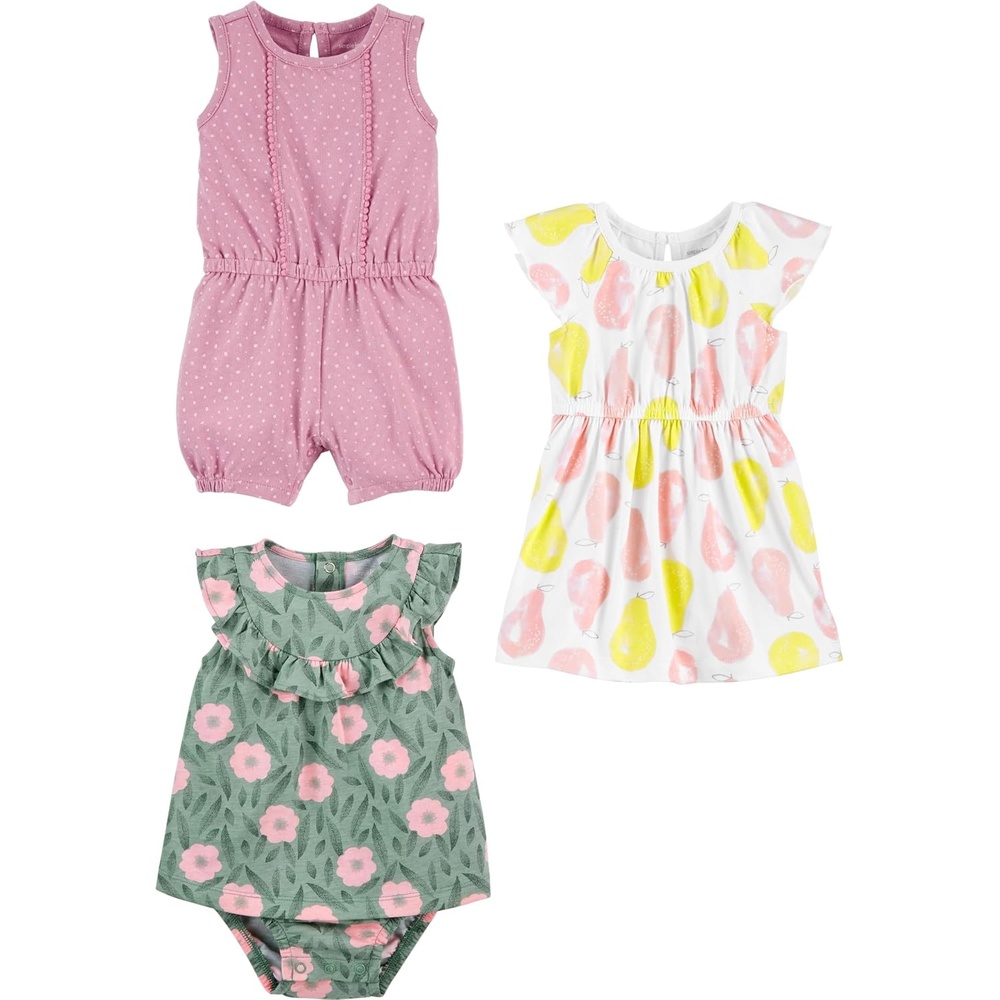 image:imageSimple Joys by Carters Baby Girls 3pack Romper Sunsuit and DressDotsFlowersPears