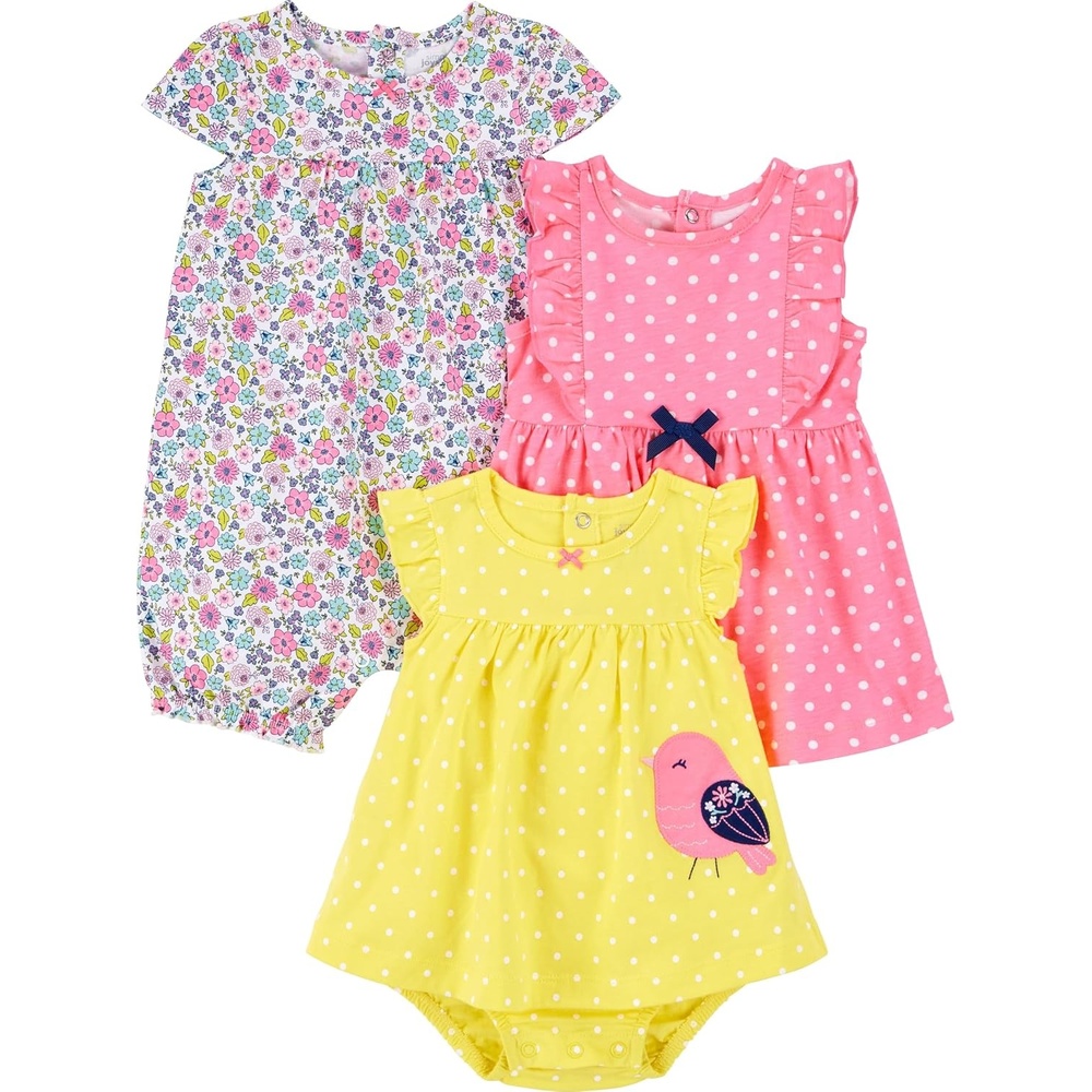 image:imageSimple Joys by Carters Baby Girls 3pack Romper Sunsuit and DressPink DotsWhite FloralYellow Bird