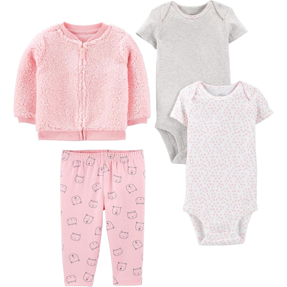 image:imageSimple Joys by Carters Baby Girls 4piece Jacket Pant and Bodysuit SetGreyPinkWhite HeartsCat