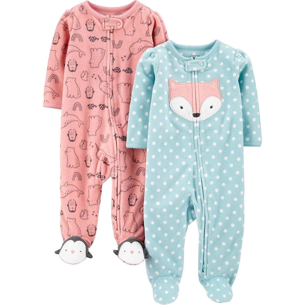 image:imageSimple Joys by Carters Baby Girls Cotton and Fleece Footed Sleep and Play Pack of 2Blue FoxPeach Animal