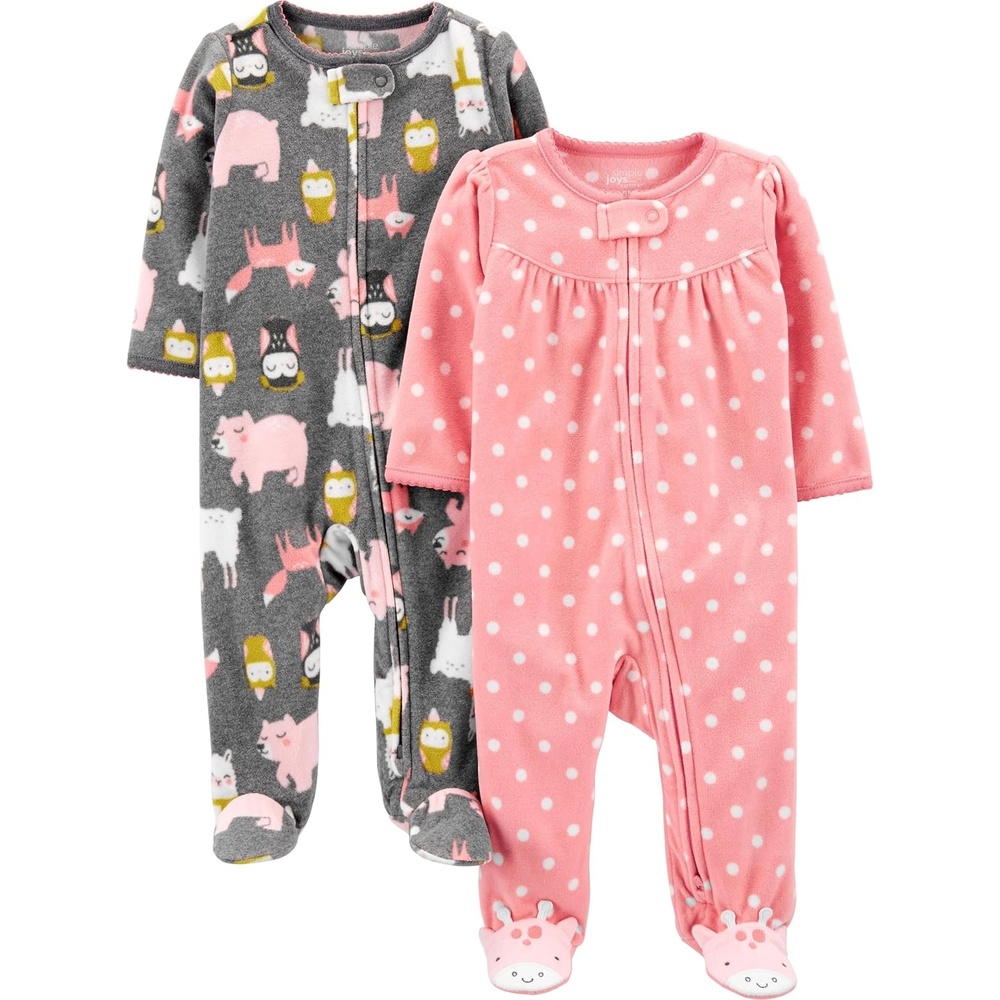 image:imageSimple Joys by Carters Baby Girls Cotton and Fleece Footed Sleep and Play Pack of 2Charcoal Forest AnimalsLight Pink Dots