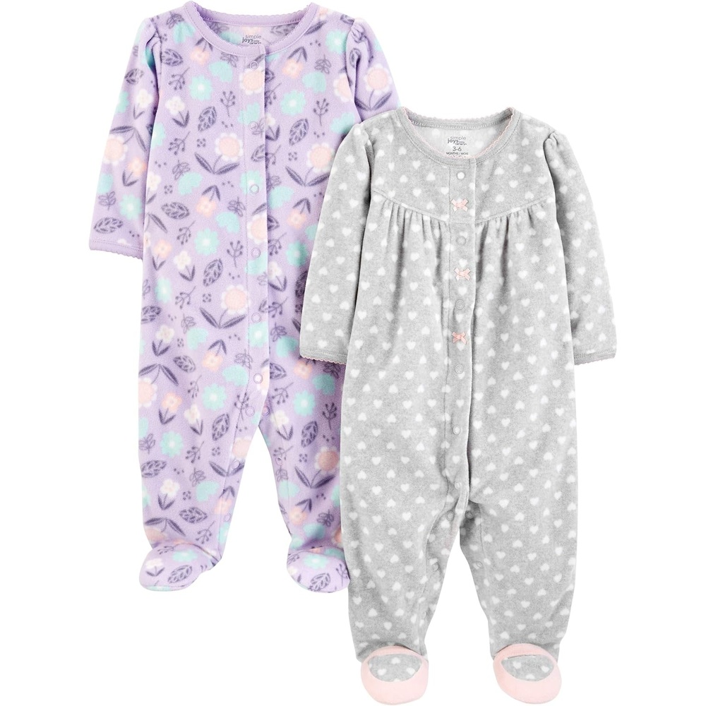 image:imageSimple Joys by Carters Baby Girls Cotton and Fleece Footed Sleep and Play Pack of 2Grey HeartsLavender Floral