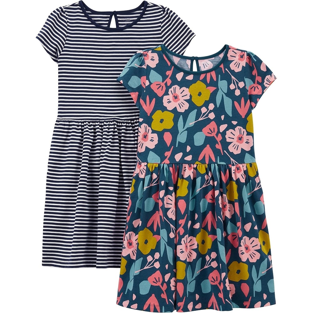image:imageSimple Joys by Carters Baby Girls Shortsleeve and Sleeveless Dress Sets Pack of 2Indigo FloralWhite Stripe