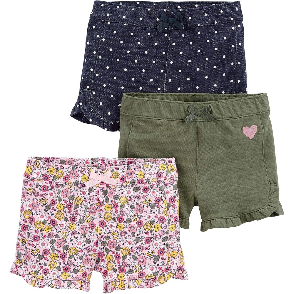 image:imageSimple Joys by Carters Girls 3Pack Knit ShortsDenim DotsOlive HeartsPink Floral