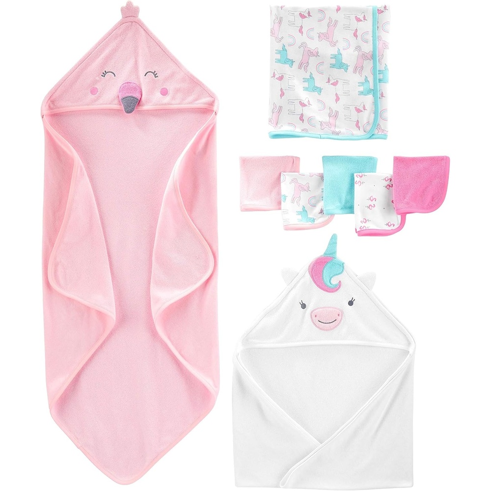 image:imageSimple Joys by Carters babygirls 8piece Towel and Washcloth SetPink FlamingoWhite Unicorn