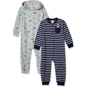 Carter’s Baby Boys 2 pack One piece RomperJumpsuit(Grey Dino/Navy Stripe)