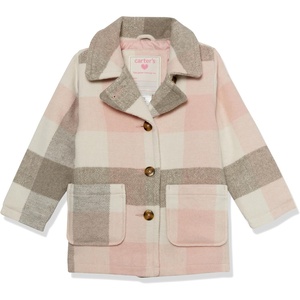 Carter’s Toddler & Little Girls’ Midweight Fleece Lined Hooded Raincoat Rain Jacket(Pink Grey Plaid)