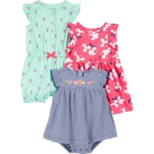 Simple Joys by Carter’s Baby Girls 3-pack Romper, Sunsuit and Dress(Mint Green Cherry/Navy Stripe/Pink Floral)