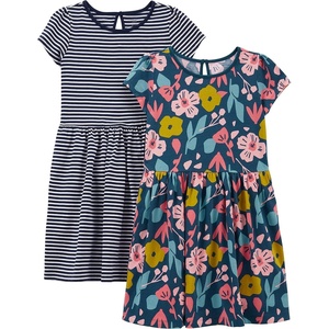 Simple Joys by Carter’s Baby Girls Short-sleeve and Sleeveless Dress Sets, Pack of 2(Indigo Floral/White Stripe)