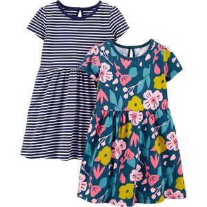 Simple Joys by Carter’s Baby Girls Short-sleeve and Sleeveless Dress Sets, Pack of 2(Navy Floral Print/White Stripe)
