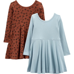 Simple Joys by Carter’s Girls 2-Pack Long-Sleeve Dress Set(Brown Animal Print/Dusty Blue)