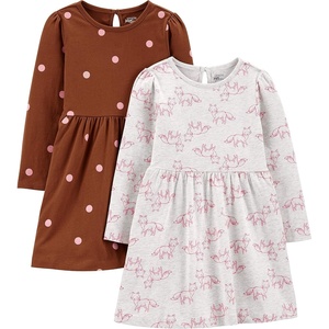 Simple Joys by Carter’s Girls 2-Pack Long-Sleeve Dress Set(Brown Dots/Grey Heather Fox)